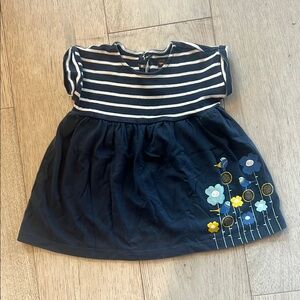 Tea Collection Navy Striped Kids Dress with Floral and Bitd Graphic 9-12 month